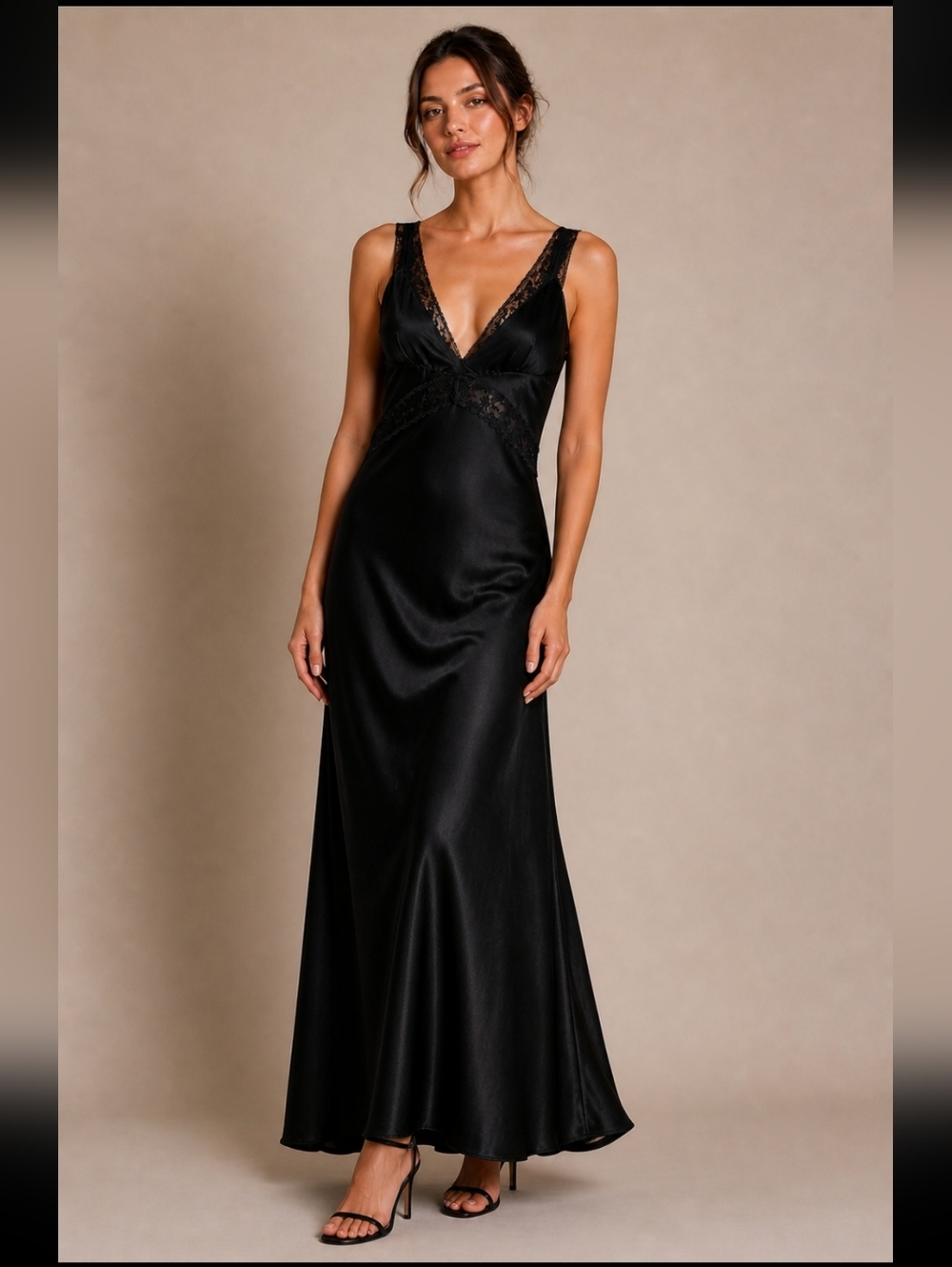Zara Black Satin Lace-Trim Slip Dress‎